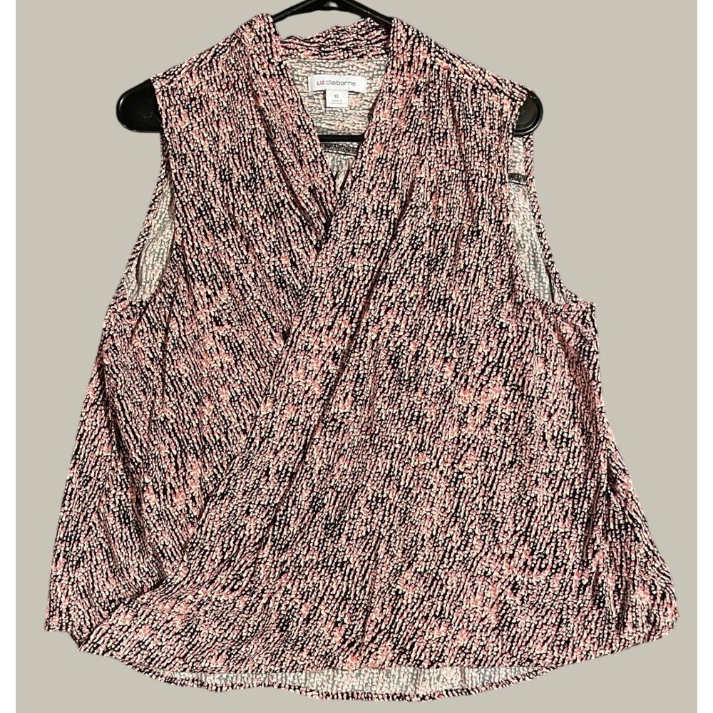 Liz Claiborne Pink Black Abstract Dot Sleeveless Surplice Wrap Blouse XL Rayon